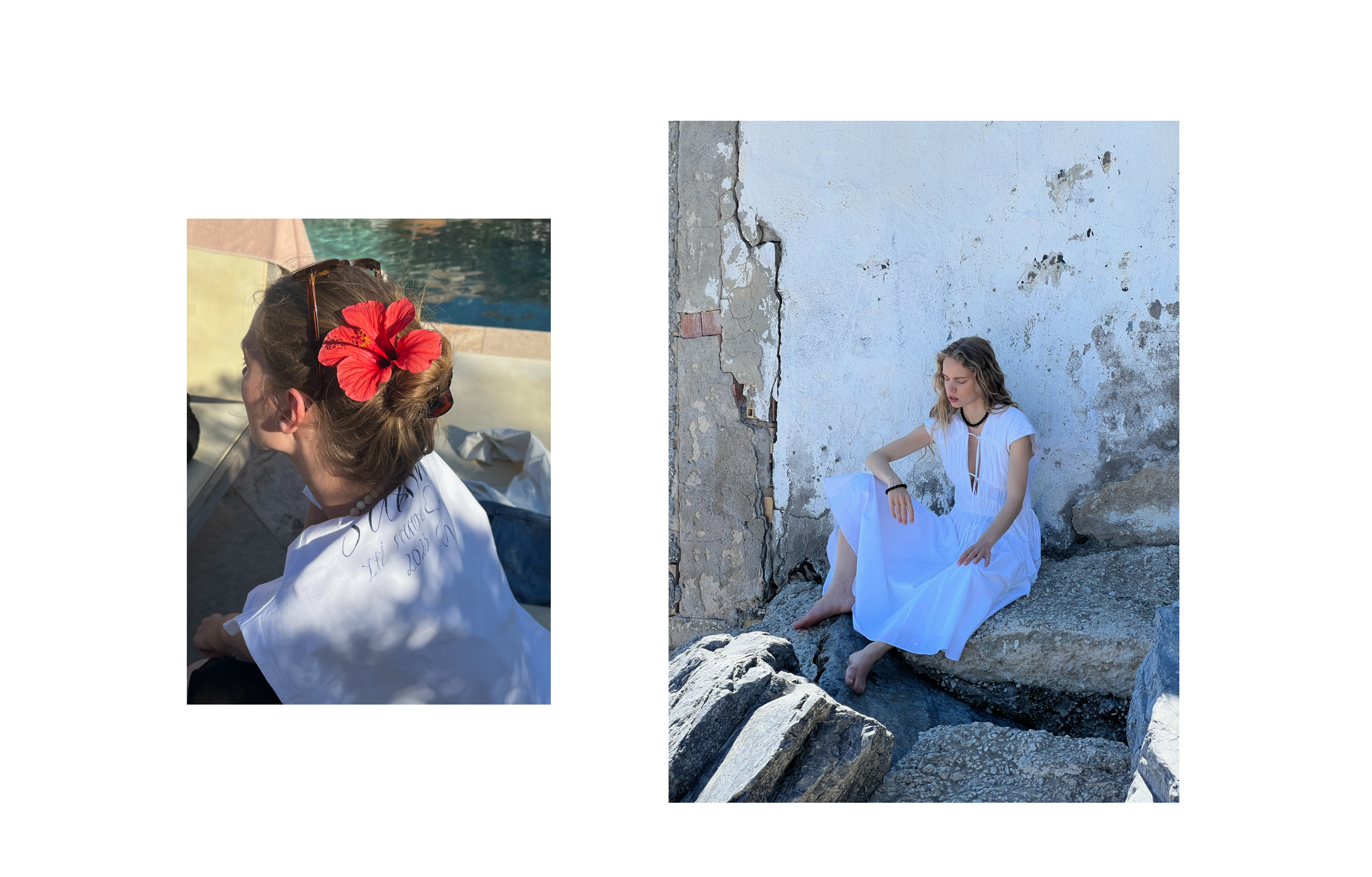 Cecilie bringing the tropical vibes with a hibiscus flower in her bun, and Sabine sitting in the shadow for a bit