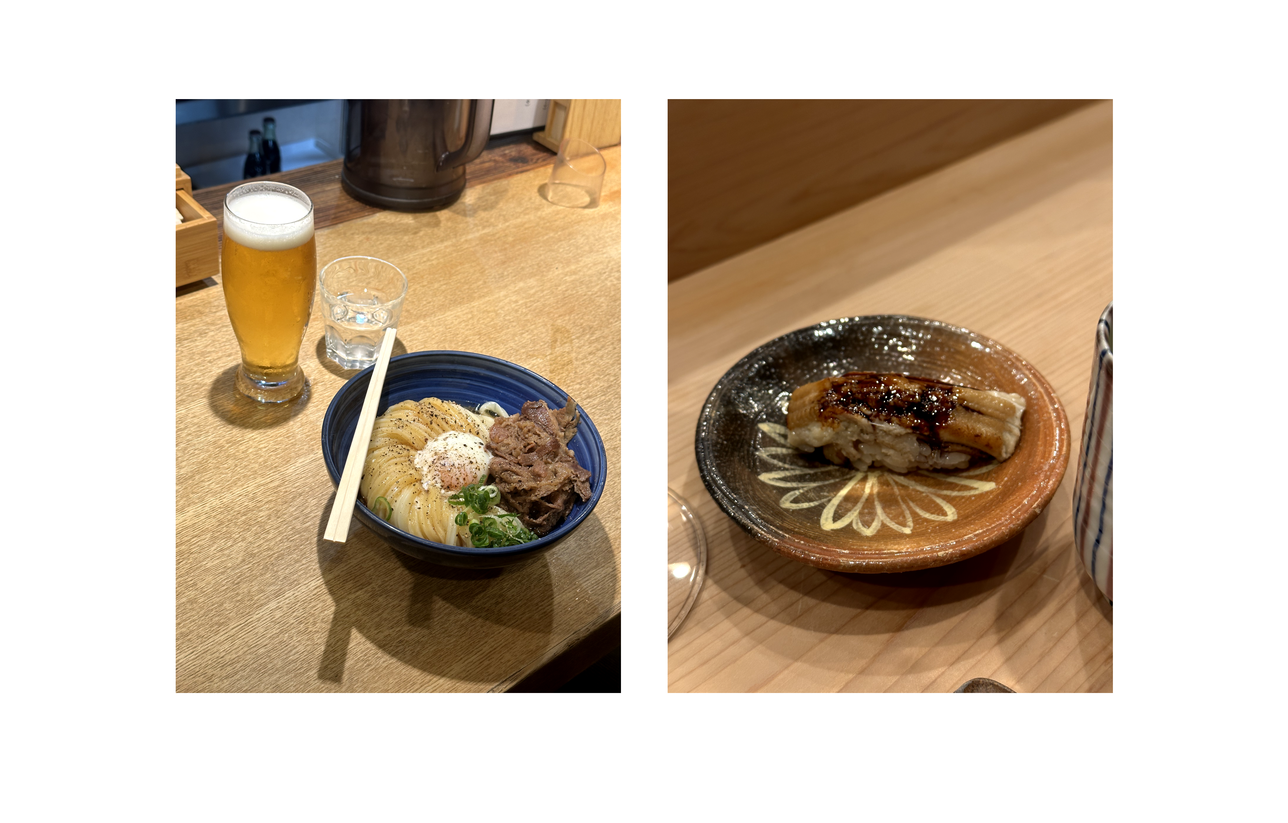 More food pictures from the camera roll. To the left a bowl of delicious Udon noodles from Udon Shin in Shinjuku and to the right a delicious nigiri with mackerel from Nakajo in Yokohama