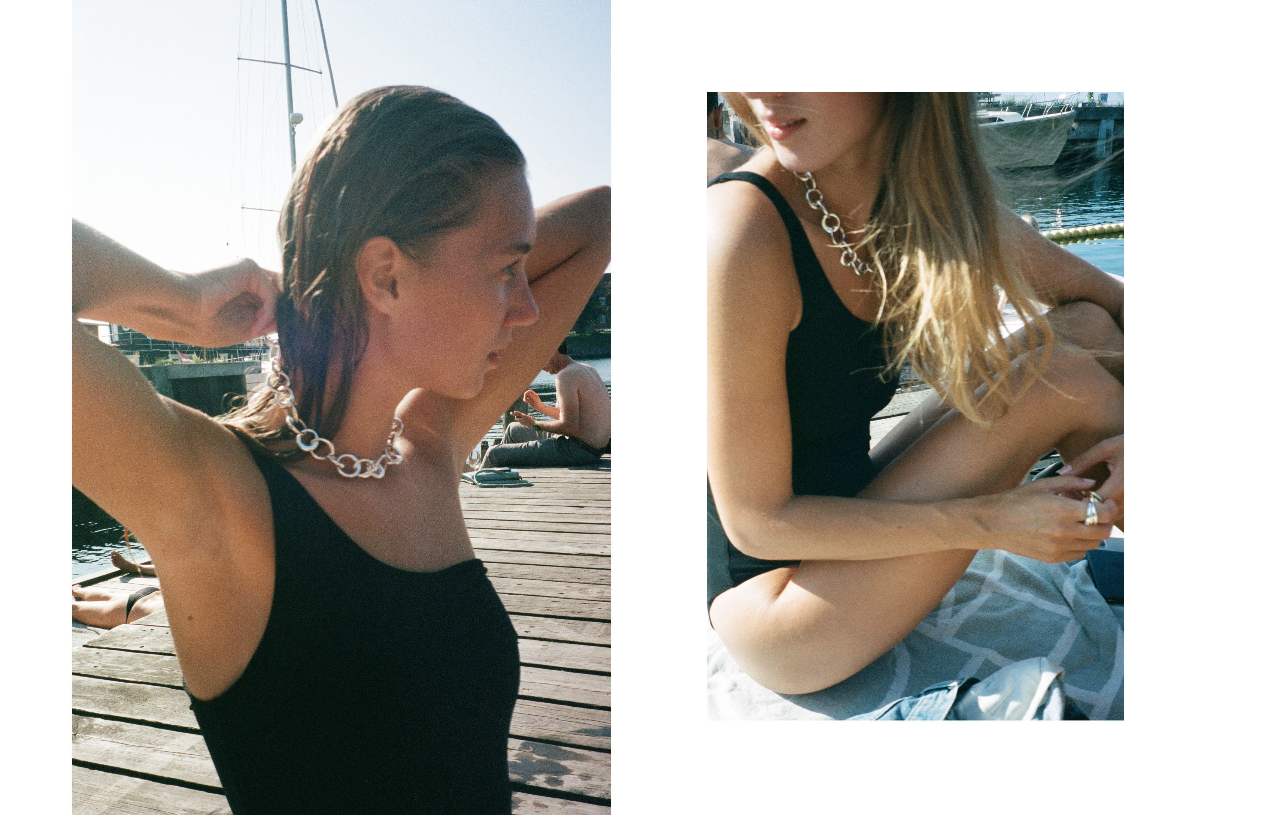 Amalie before and after a dip in the ocean with the Laura Necklace in silver.