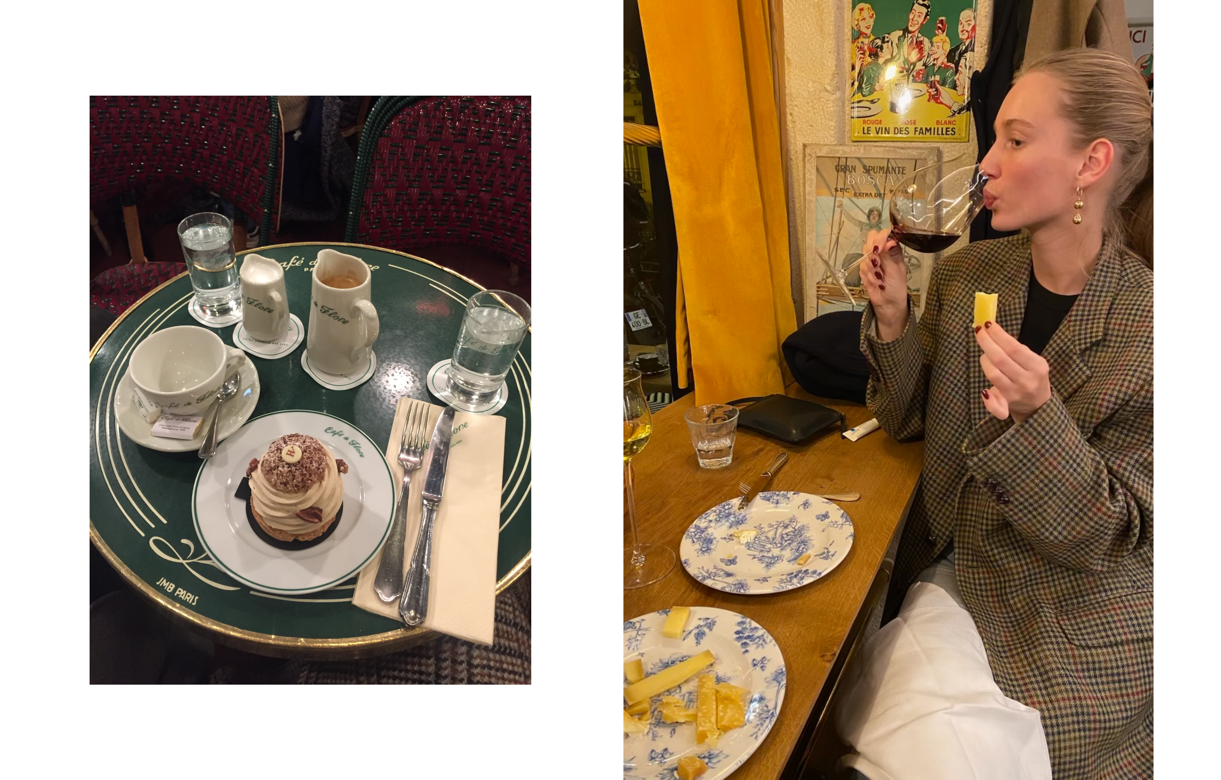 Café de Flore is always a great idea for hot choclate, coffee and maybe a sweet treat. The cheeseboard on the right is from Le Bon George