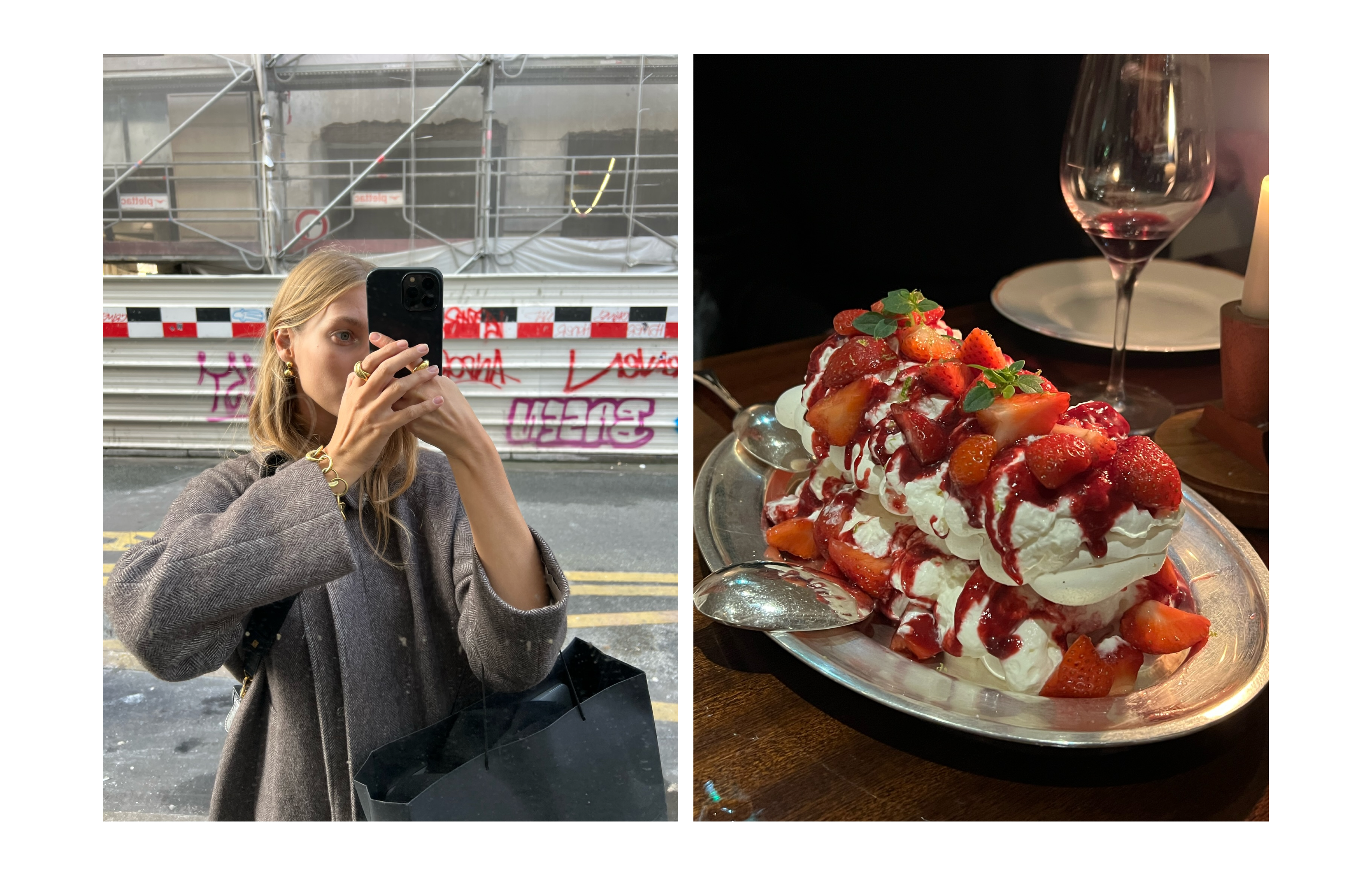Cecilie wearing LIÉ pieces out and about in Paris. Also, always love ending a dinner with pavlova - this beauty was served at Château Voltaire