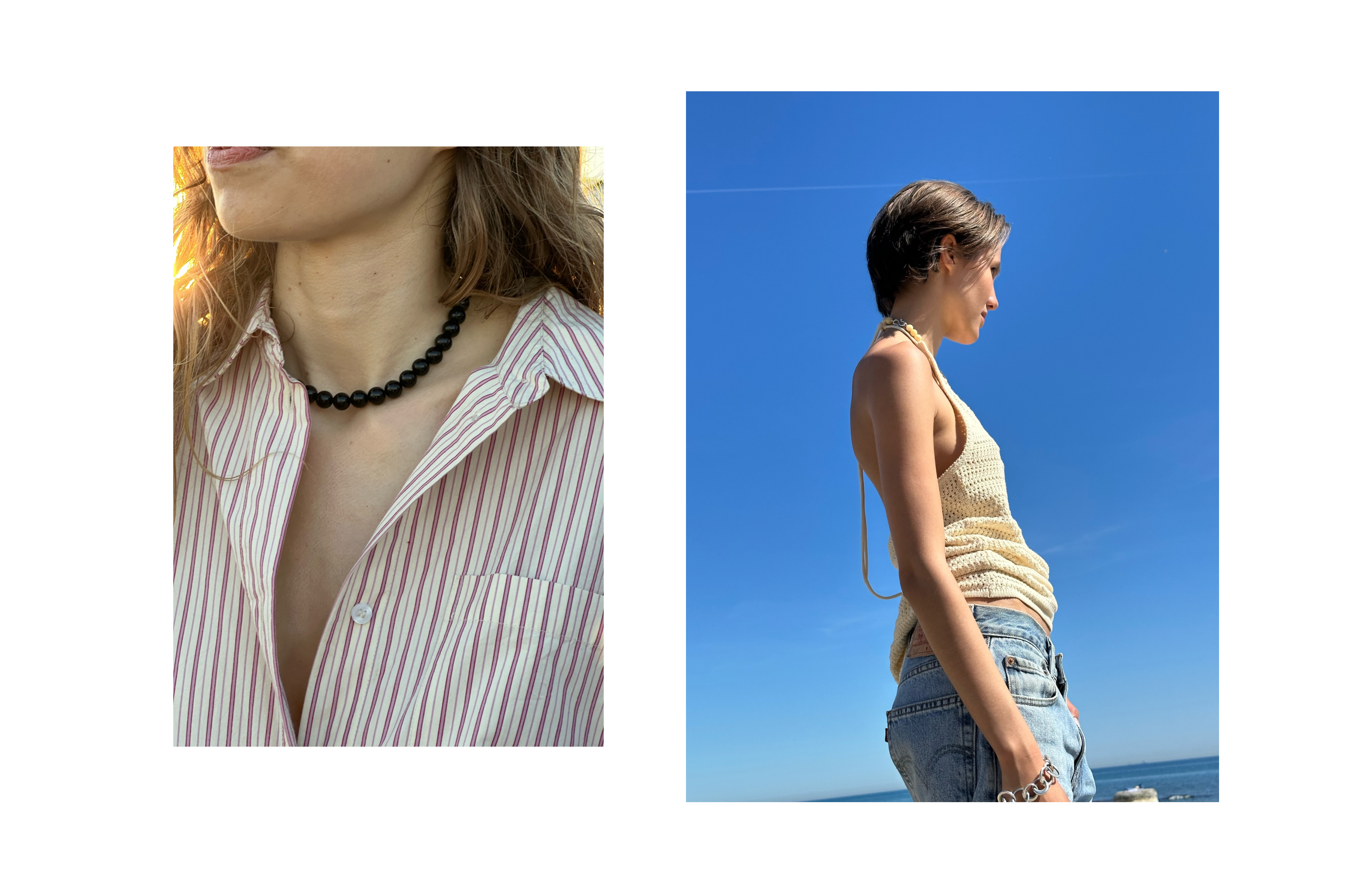 Sabine wearing the Selma Necklace and Mikkeline wearing the Zoe Necklace 