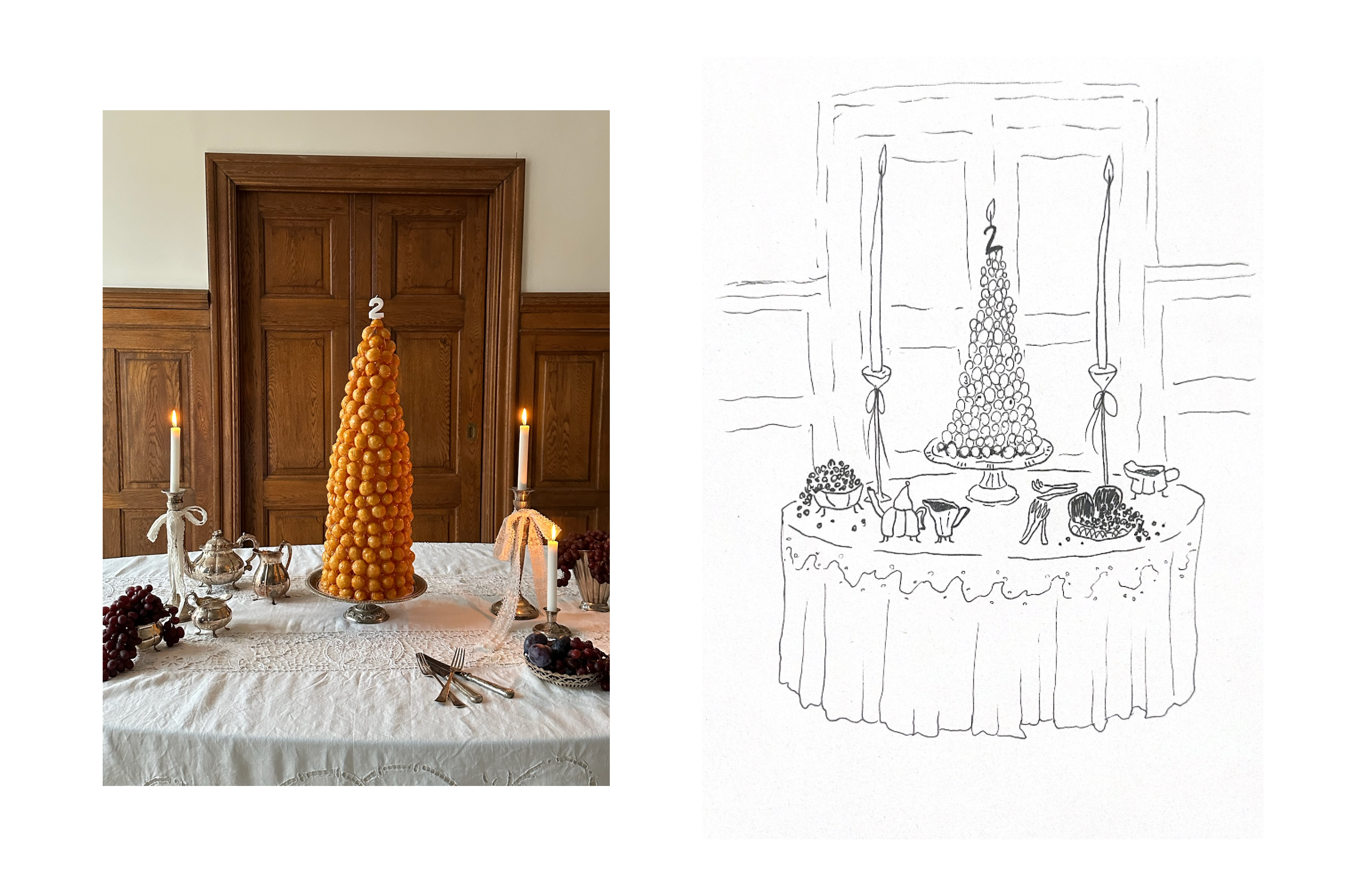 The birthday table setting captured and sketched by a friend of ours. What's a better occasion for the French classic, Crouquembouche than a 2 years birthday?