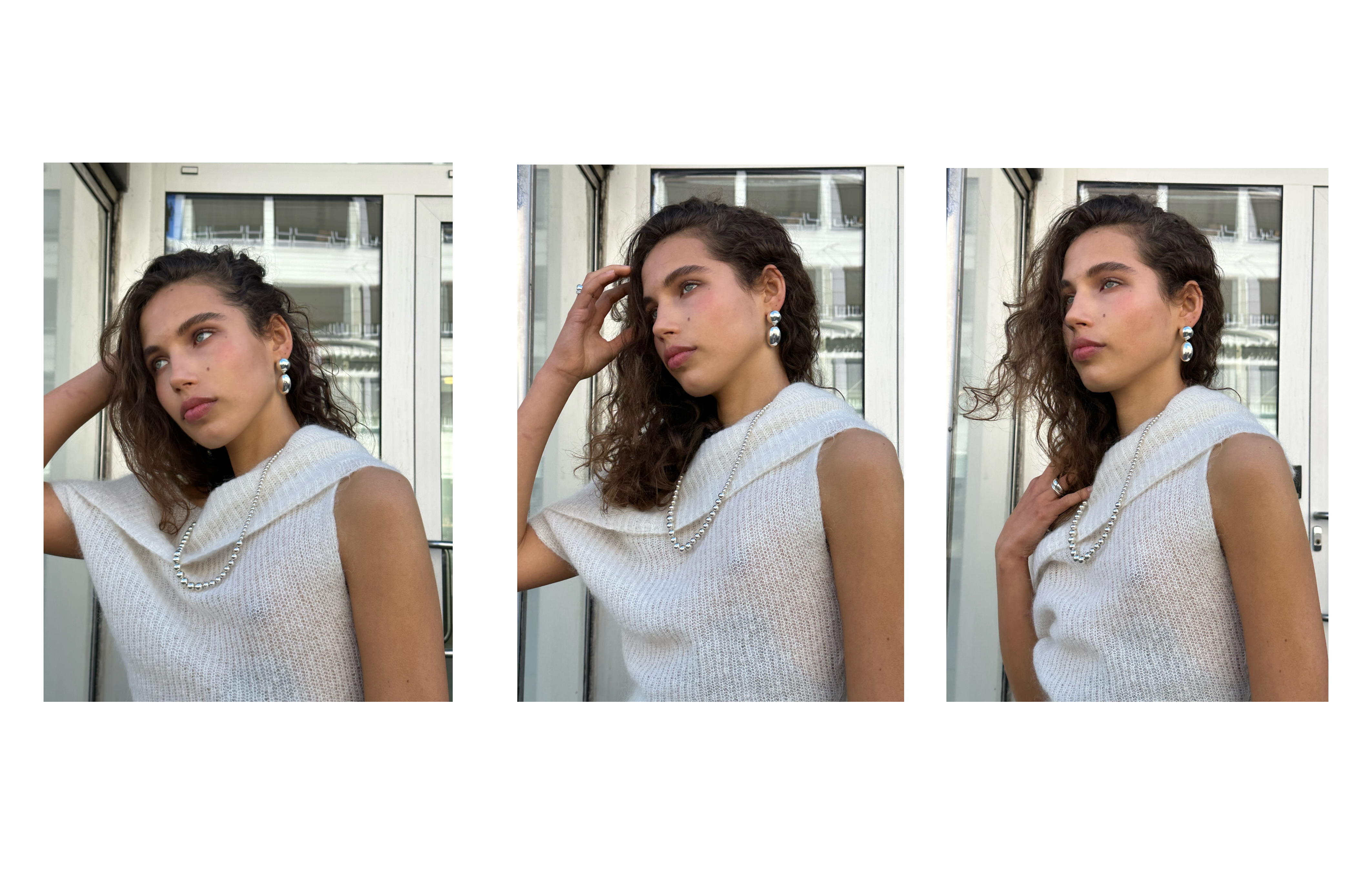 The stunning Victoria Elsebeth captured behind the scenes wearing the Klara Earrings and the Olivia Necklace