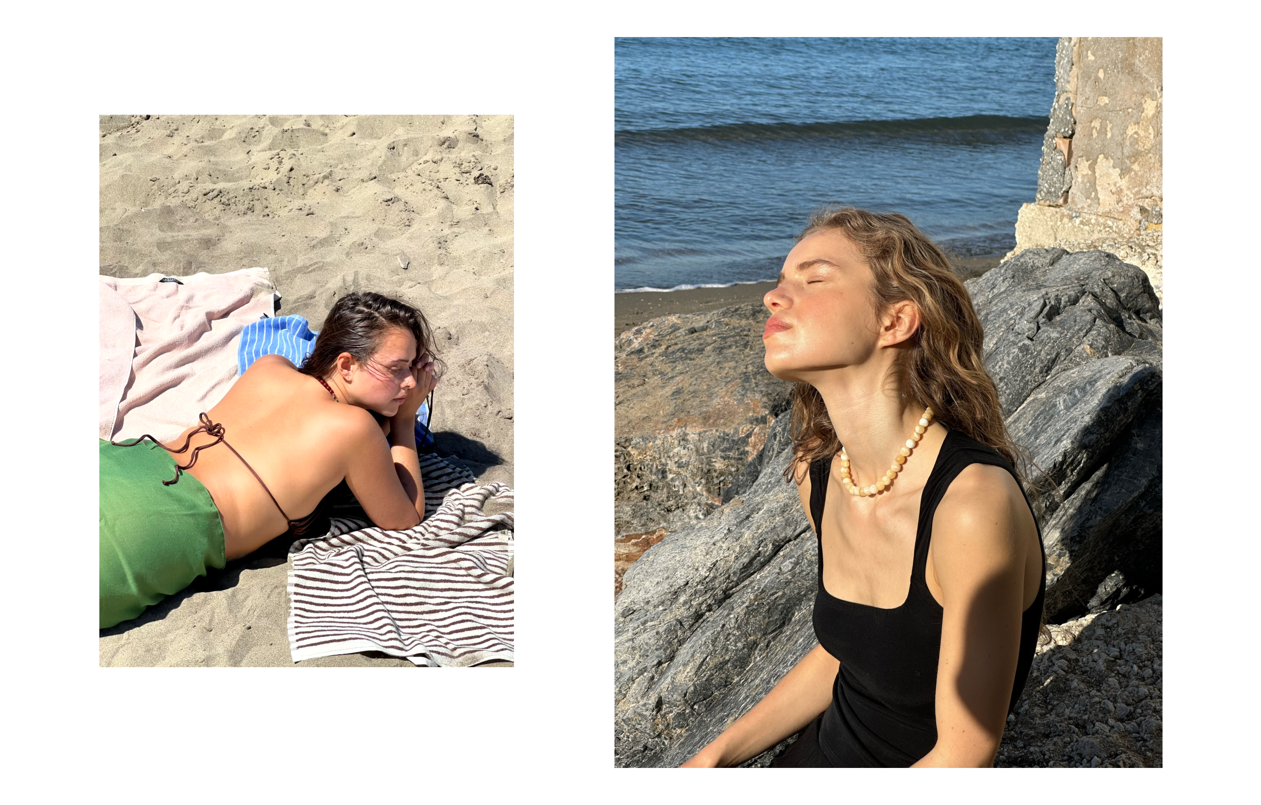Zelma and Sabine enjoying the sun wearing the Rose Necklace and the Zoe Necklace