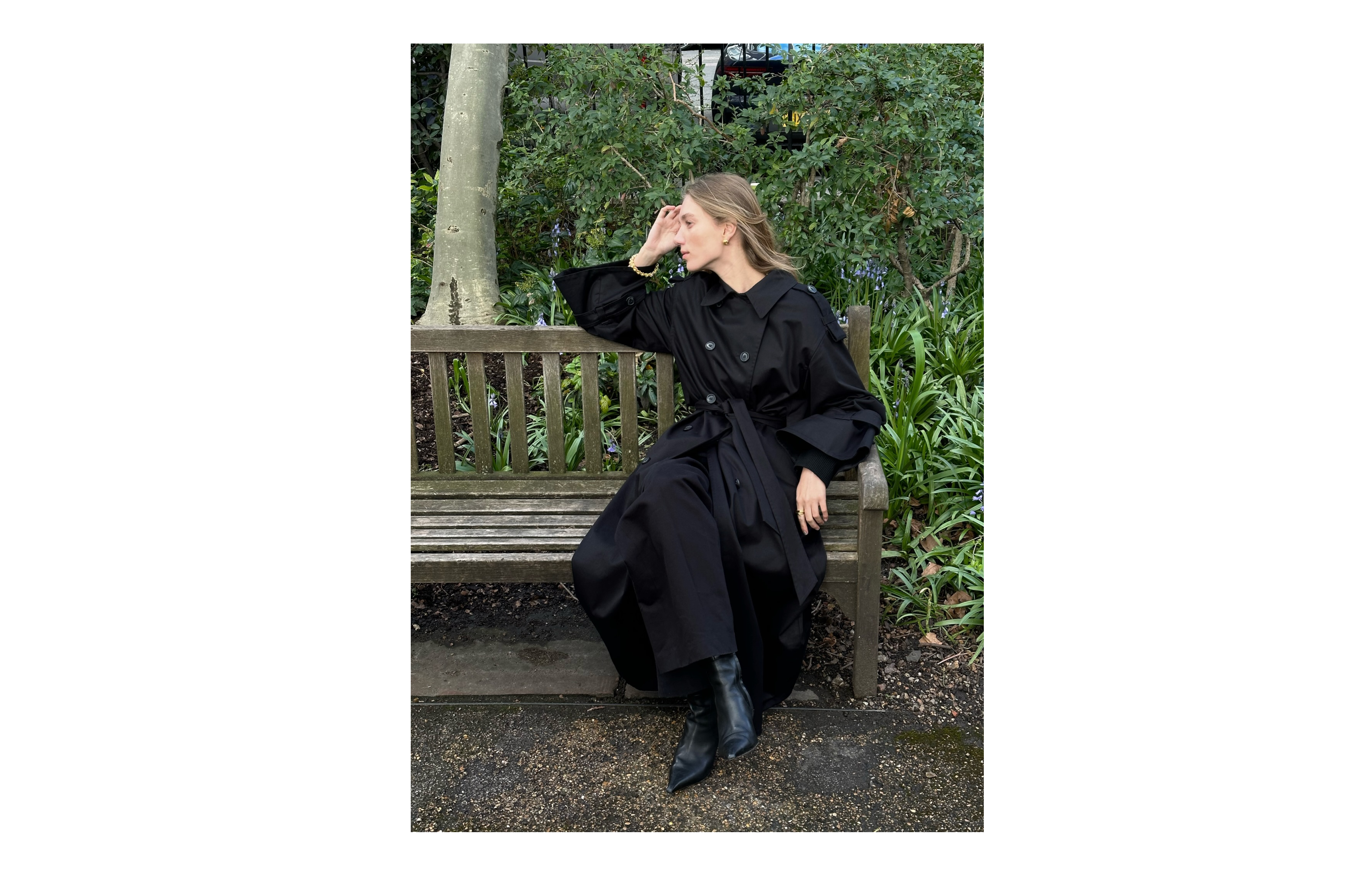 Amalie taking a break in one of the many parks of London. She is wearing the Flora Bracelet and The Elizabeth Earrings from the LIÉ STUDIO x NET-A-PORTER capsule collection. 